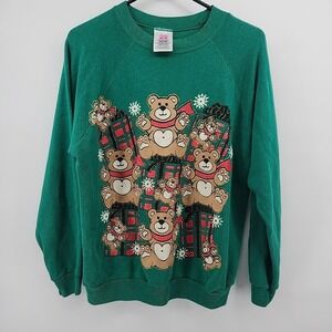 VTG Hanes‎ Sweatshirt Adult M Green Crewneck Pullover Teddy Bears Christmas